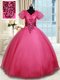Glamorous Coral Red Ball Gowns Beading Quince Ball Gowns Lace Up Organza Short Sleeves Floor Length