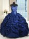 Enchanting Sweetheart Sleeveless Quince Ball Gowns Floor Length Appliques and Pick Ups Navy Blue Taffeta