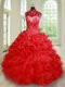 See Through Floor Length Red Sweet 16 Dresses Organza Sleeveless Beading and Ruffles and Pick Ups