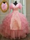 Chic Floor Length Baby Pink Quince Ball Gowns Organza Half Sleeves Beading and Embroidery and Ruffled Layers