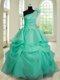 One Shoulder Turquoise Sleeveless Floor Length Beading and Hand Made Flower Lace Up Sweet 16 Quinceanera Dress