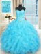 Glittering Floor Length Aqua Blue Vestidos de Quinceanera Organza Sleeveless Beading and Ruffles and Ruffled Layers