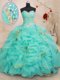 Stylish Floor Length Apple Green 15th Birthday Dress Organza Sleeveless Beading and Ruffles and Sequins