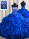 Royal Blue Sweetheart Lace Up Beading and Ruffles Quinceanera Gown Brush Train Sleeveless