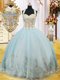 High Class Halter Top Sleeveless Floor Length Appliques Lace Up Vestidos de Quinceanera with Light Blue