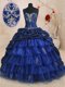 Discount Sleeveless With Train Beading and Ruffled Layers and Pick Ups Lace Up Quince Ball Gowns with Royal Blue Brush Train