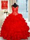 New Style Sleeveless Organza Brush Train Lace Up Ball Gown Prom Dress in Red with Beading and Ruffles and Pick Ups