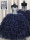 Navy Blue Organza Lace Up Sweetheart Sleeveless Floor Length Quince Ball Gowns Ruffled Layers and Sequins