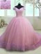 Tulle Off The Shoulder Cap Sleeves Court Train Lace Up Ruching Quince Ball Gowns in Lilac