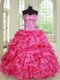 Decent Hot Pink Ball Gowns Organza Sweetheart Sleeveless Beading and Ruffles Floor Length Lace Up Quinceanera Dress