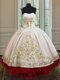 Fancy Floor Length Lace Up 15 Quinceanera Dress White and Red for Military Ball and Sweet 16 and Quinceanera with Beading and Embroidery and Ruffled Layers