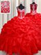 Straps Red Organza Zipper Ball Gown Prom Dress Sleeveless Floor Length Beading and Ruffles
