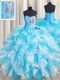 Dramatic Blue And White Sweetheart Lace Up Ruffles and Sequins Quinceanera Dresses Sleeveless