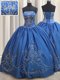 Sweet Royal Blue Lace Up Strapless Beading and Embroidery Quince Ball Gowns Satin Sleeveless