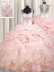 Pink Straps Zipper Beading and Ruffles and Pick Ups Ball Gown Prom Dress Brush Train Sleeveless