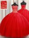 Designer Red Tulle Lace Up Quinceanera Gown Sleeveless Floor Length Beading