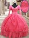 Perfect Pink Organza Zipper V-neck Half Sleeves Floor Length Quinceanera Gowns Beading and Embroidery and Ruffled Layers