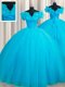 Off the Shoulder Baby Blue Vestidos de Quinceanera Tulle Court Train Sleeveless Hand Made Flower