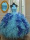 Strapless Sleeveless Lace Up Sweet 16 Dresses Blue Organza