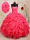 Coral Red Sleeveless Floor Length Beading and Ruffles and Sequins and Hand Made Flower Lace Up Quinceanera Gowns