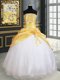 Perfect Yellow And White Sleeveless Floor Length Beading and Pick Ups and Hand Made Flower Lace Up 15 Quinceanera Dress