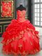 New Style Sleeveless Satin and Organza Floor Length Lace Up Quinceanera Gowns in Red with Beading and Appliques and Pick Ups
