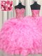 Delicate Rose Pink Organza Lace Up Sweetheart Sleeveless Floor Length Ball Gown Prom Dress Beading and Ruffles and Sequins