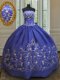 Smart Sleeveless Taffeta Floor Length Lace Up Ball Gown Prom Dress in Royal Blue with Embroidery and Bowknot