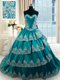 Teal Lace Up Sweetheart Beading and Embroidery and Ruffled Layers Quince Ball Gowns Taffeta Sleeveless