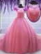 Rose Pink Quinceanera Gown Scoop Cap Sleeves Court Train Lace Up