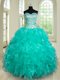 Sleeveless Organza Floor Length Lace Up Ball Gown Prom Dress in Turquoise with Beading and Ruffles
