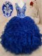 Romantic Royal Blue Backless Quince Ball Gowns Beading and Embroidery and Ruffles Sleeveless Floor Length