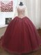 Classical Sequins Scoop Long Sleeves Court Train Lace Up Quinceanera Gowns Wine Red Tulle