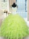 Luxury Straps Floor Length Lace Up Sweet 16 Quinceanera Dress Yellow Green for Military Ball and Sweet 16 and Quinceanera with Beading and Ruffles