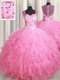 Suitable Straps Rose Pink Zipper Ball Gown Prom Dress Beading and Ruffles Sleeveless Floor Length
