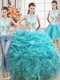 Three Piece Aqua Blue Scoop Neckline Beading and Ruffles Vestidos de Quinceanera Sleeveless Lace Up