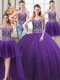 Captivating Four Piece Purple Ball Gowns Tulle Sweetheart Sleeveless Beading Floor Length Lace Up Vestidos de Quinceanera