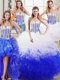 Deluxe Four Piece Floor Length Lace Up 15th Birthday Dress White and Blue for Military Ball and Sweet 16 and Quinceanera with Beading and Ruffles
