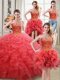 New Arrival Four Piece Coral Red Sleeveless Beading and Ruffles Floor Length 15 Quinceanera Dress