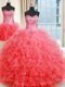 Fashion Three Piece Coral Red Sweetheart Lace Up Beading and Ruffles 15th Birthday Dress Sleeveless