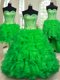 Affordable Four Piece Sleeveless Floor Length Beading and Ruffles Lace Up Quince Ball Gowns with Green