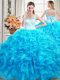 Ideal Straps Floor Length Lace Up 15th Birthday Dress Baby Blue for Military Ball and Sweet 16 and Quinceanera with Beading and Ruffles