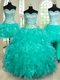 Low Price Four Piece Turquoise Ball Gowns Beading and Ruffles Quinceanera Dresses Lace Up Organza Sleeveless Floor Length