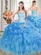 Blue Quinceanera Dress Military Ball and Sweet 16 and Quinceanera and For with Beading and Ruffles and Pick Ups Sweetheart Sleeveless Lace Up