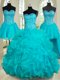 Excellent Four Piece Teal Lace Up Vestidos de Quinceanera Beading and Ruffles Sleeveless Floor Length