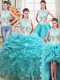 Fancy Four Piece Aqua Blue Ball Gowns Organza Scoop Sleeveless Beading and Ruffles Floor Length Lace Up 15th Birthday Dress