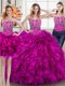 Hot Selling Three Piece Sleeveless Organza Brush Train Lace Up 15 Quinceanera Dress in Fuchsia with Beading and Ruffles