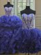 Attractive Three Piece Royal Blue Sleeveless Floor Length Beading and Ruffles Lace Up Ball Gown Prom Dress