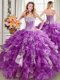 Luxury Sweetheart Sleeveless Sweet 16 Dresses Floor Length Beading and Ruffles and Sequins Purple Organza