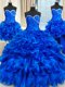 Dazzling Four Piece Sweetheart Sleeveless Quinceanera Dress Floor Length Beading and Ruffles Royal Blue Organza